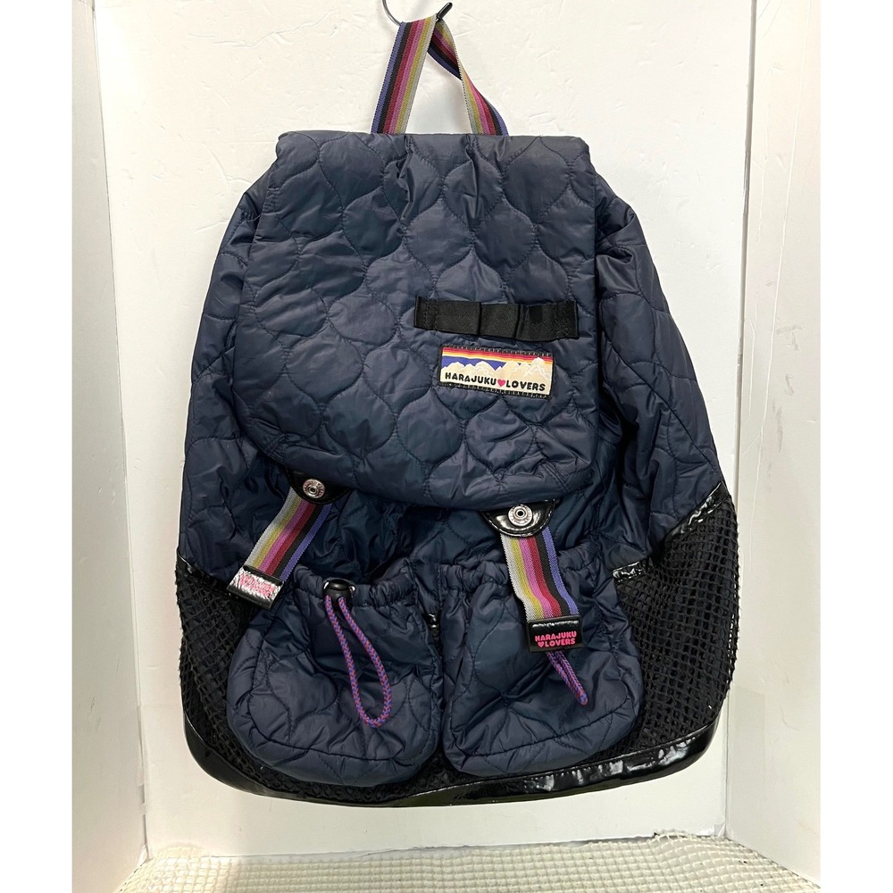Harajuku Lovers Navy Blue Quilted Nylon Backpack Front Flap rainbow-striped GOOD